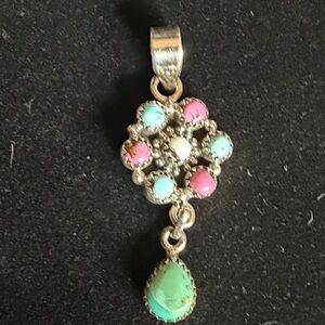 Cotton Candy Dahlia Sterling  Silver Pendant with Lone Mountain Turquoise